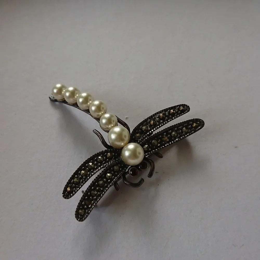 Silver & pearl with black crystal dragonfly brooch